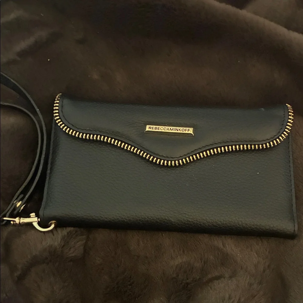 Rebecca Minkoff black Leather‎ Wristlet/ phone holder  with Gold Accents